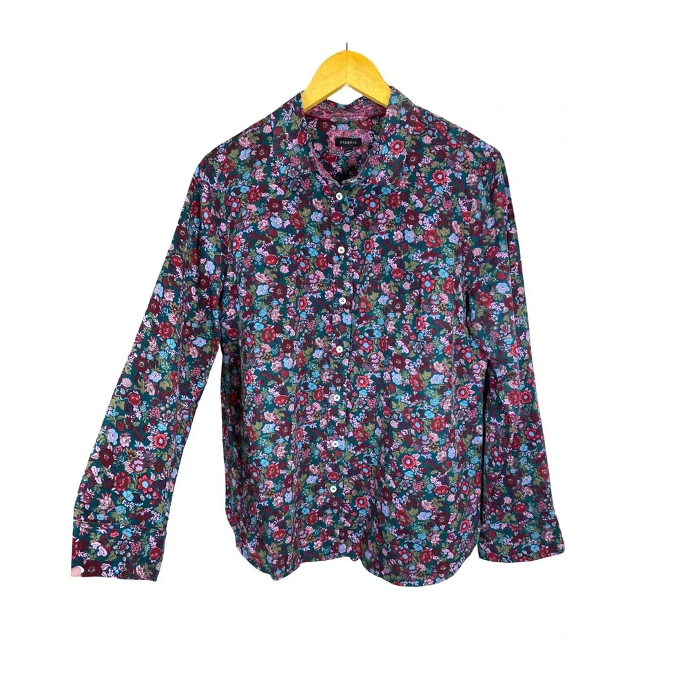 Talbots Womens Floral Button Down Shirt Teal Burgundy Cotton Rayon Size L Fall
